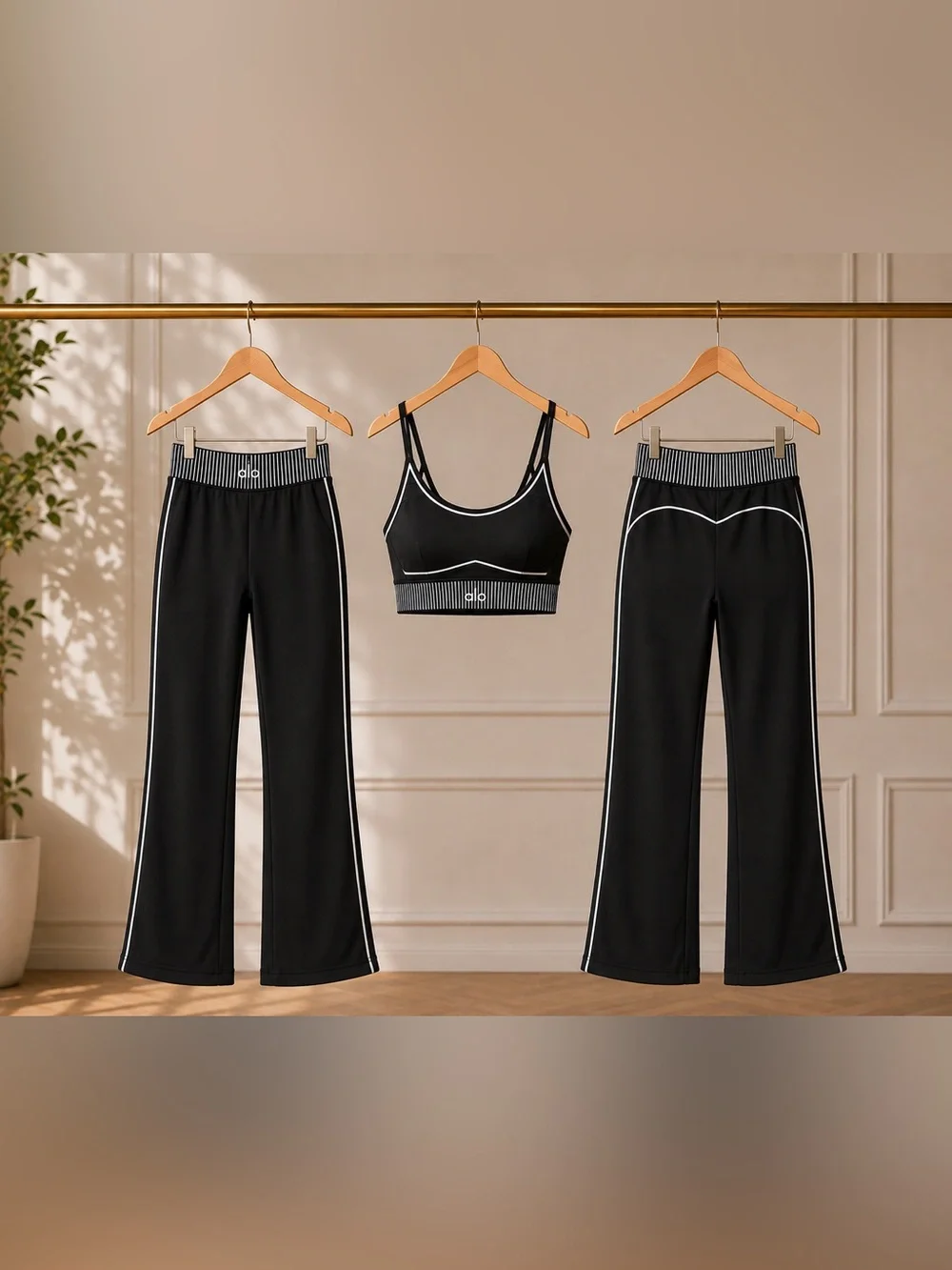 ALO Yoga Black Sports Bra with White Stripe Trim
